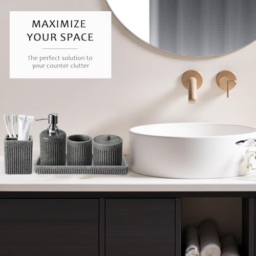 XLHOMO 8-Piece Grey Bathroom Sets with Shower Curtain and Rugs, Resin Bathroom Accessories Sets Complete with Soap Dispenser, Toothbrush Holder, Tumbler & Apothecary Jars Bathroom Essentials