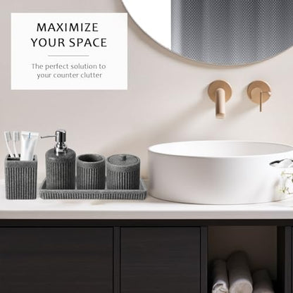 XLHOMO 8-Piece Grey Bathroom Sets with Shower Curtain and Rugs, Resin Bathroom Accessories Sets Complete with Soap Dispenser, Toothbrush Holder, Tumbler & Apothecary Jars Bathroom Essentials