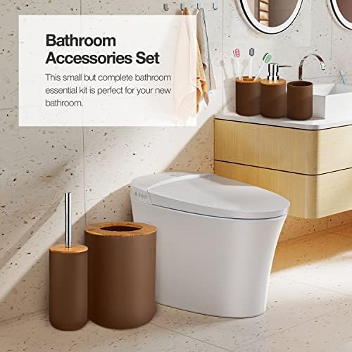 Bathroom Accessory Set, 6 Pcs Bathroom Essential Includes Toothbrush Holder, Toilet Brush with Soap Dispenser, Toothbrush Cup, Soap Dish, Trash Can (Brown, Bamboo)