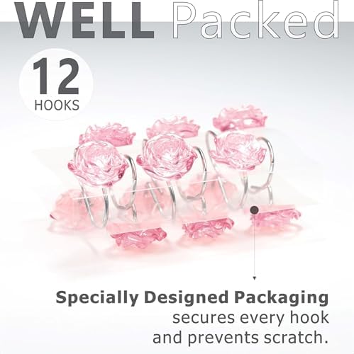 Pink Rose Shower Curtain Hooks: Cute Flower Bathroom Curtain Rings, 12Pcs