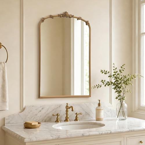 Besdomus Vintage Gold Mirror for Bathroom: 24"x36" Ornate Arched Mirror