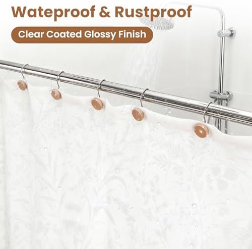 Wood Shower Curtain Hooks Rust Proof, Boho Shower Curtain Hooks Decorative, 12 Pack Shower Hooks for Shower Curtain, Shower Curtain Hangers Hooks (Wood,12)