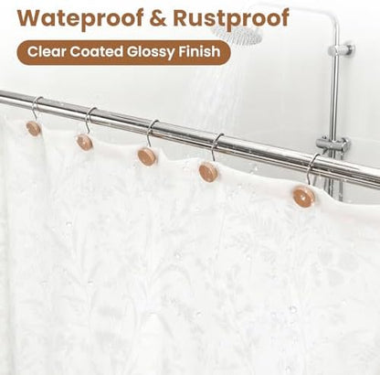 Wood Shower Curtain Hooks Rust Proof, Boho Shower Curtain Hooks Decorative, 12 Pack Shower Hooks for Shower Curtain, Shower Curtain Hangers Hooks (Wood,12)