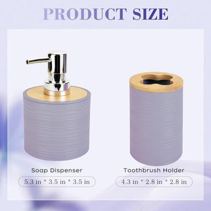 2PCS Lavender Bathroom Set, Soap Dispenser, Dish & Bamboo Holder, Rustic