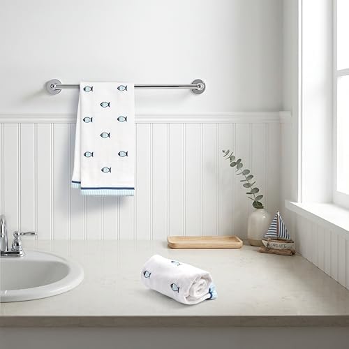 Ritz 2-Piece Cotton Velour Bathroom Hand Towel Set, Embroidered Allover Fish Design, White & Blue Nautical Decorative Towels for Lake House, Beach, Coastal Decor, 16” x 26”
