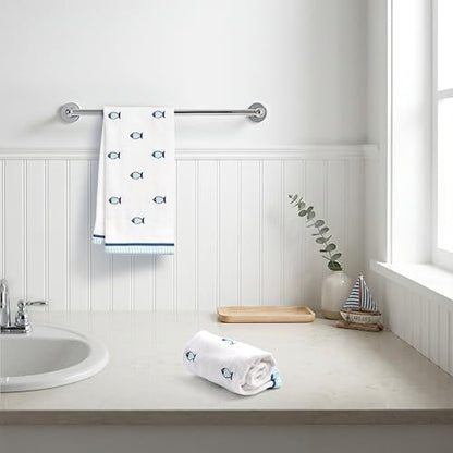 Ritz 2-Piece Cotton Velour Bathroom Hand Towel Set, Embroidered Allover Fish Design, White & Blue Nautical Decorative Towels for Lake House, Beach, Coastal Decor, 16” x 26”