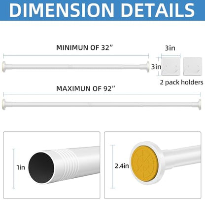 CorkLatta White Shower Curtain Rod,1 Inch Diameter Stainless Steel Adjustable Spring Tension Rods 32 to 92",with Holders,Anti-Slip,Curtain Rods No Drilling(1 Pack)