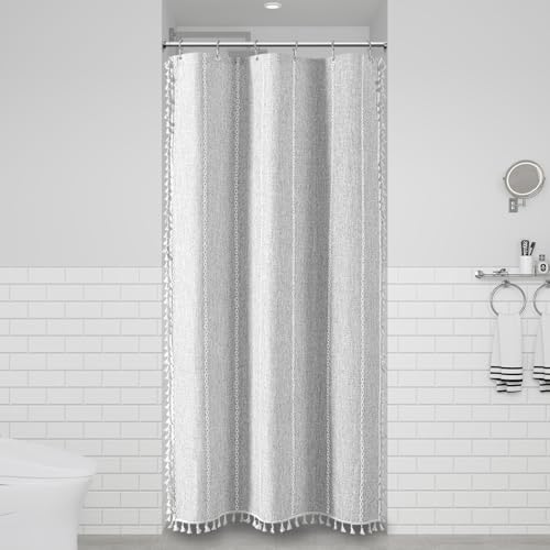 BTTN Small Boho Linen Heavy Duty Cloth Shower Curtain, 36x72, Grey/Gray