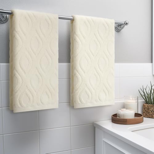 SmoothNovelty 2 Pcs Cream Ivory Geometric Jacquard Hand Towels for Bathroom