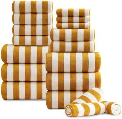 18 Pcs Yellow Stripe Bath Towel Set with Hanging Loop-6 Bath Towels,6 Hand Towels,6 Washcloths Soft Family Towel Set Bathroom Towel Highly Absorbent Quick Dry Shower Towel for Beach Spa Gym Hotel