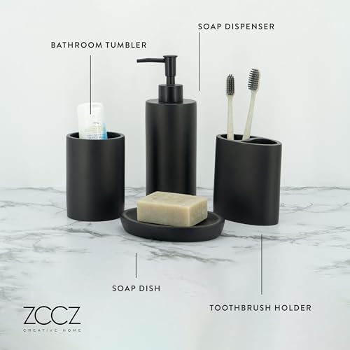 ZCCZ Bathroom Accessory Sets, 4 Pieces Bathroom Accessories Complete Set Vanity Countertop Accessory Set, Includes Lotion Dispenser Soap Pump, Toothbrush Holder and Tray (Matte Black Look Rounded)
