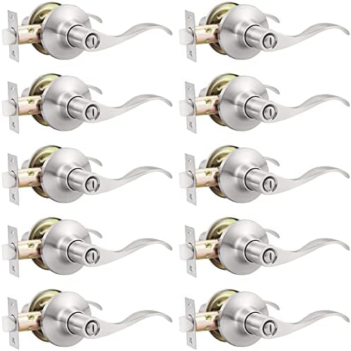 GOBEKOR 10 Pack Privacy Door Levers Bedroom Door Handle with Lock Satin Nickel Interior Door Handles Keyless Door Lock Wave Bed/Bath Lever