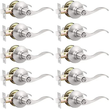 GOBEKOR 10 Pack Privacy Door Levers Bedroom Door Handle with Lock Satin Nickel Interior Door Handles Keyless Door Lock Wave Bed/Bath Lever