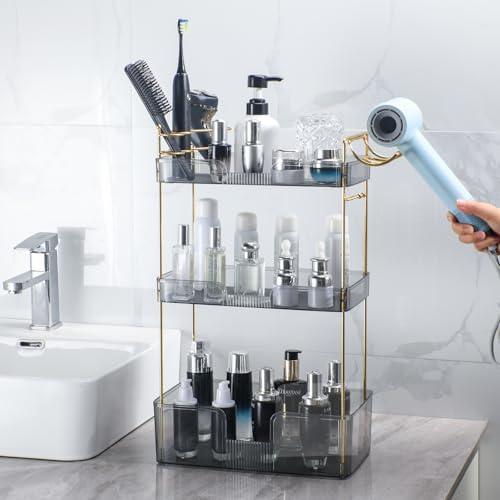 Akinbas 3 Tier Bathroom Organizer Countertop Makeup Perfume Tray Skincare Organizer Comes with Hair Dryer Rack and Toothbrush Holder for Bathroom Dresser Vanity (Grey)