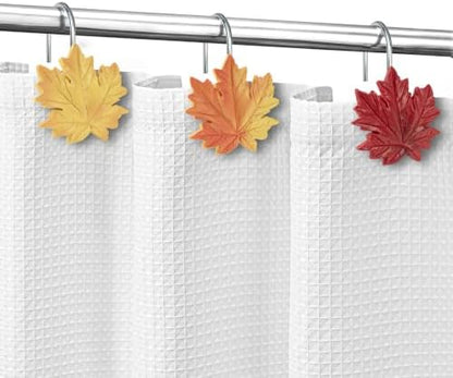 Sunlit Maple Leaf Shower Curtain Hooks, Yellow Orange Red Gradient Fall Autumn Shower Curtain Rings for Bathroom, Decorative Resin Maple Leaves Curtain Hangers, Bath Accessories, Set of 12
