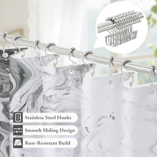 3 in 1 Grey Marble Shower Curtain Set with PEVA Liner & 12 Hooks, 72 x 72