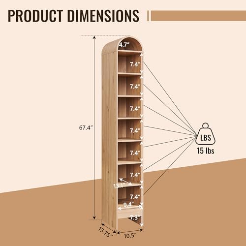 IFBUY 67" Tall Arched Bathroom Storage Cabinet, 8-Tier Modern Farmhouse Storage Cabinet with Adjustable Shelves, Wood Freestanding Cabinet for Bathroom, Living Room, Entryway, Hallway (Natural)