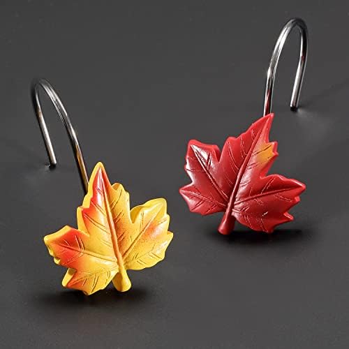 Maple Leaf Shower Curtain Hooks, 12Pcs Thanksgiving Decorative Shower Curtain Hooks, CHICTIE Autumn Fall Leaves Shower Curtain Rings Rustproof for Bathroom Bedroom Room Decor (Deciduous Yellow)