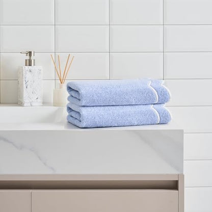 Peri Home 2 Piece Cotton Bath Towel Set, Embroidered, Blue, White Scallop