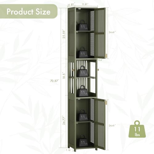 Amazer Tall Bathroom Storage Cabinet 70'', Freestanding Cabinet Storage with Rattan Door and Adjustable Shelves, Bamboo Narrow Storage Cabinet Organizer for Living Room Kitchen, Forest Green