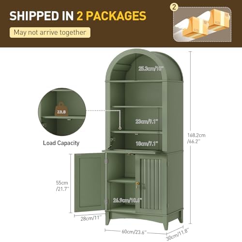 RALGEND 66" Tall Bathroom Cabinet Set of 2, Freestanding Cabinet with Doors & Shelves,Arched Cabinets for Bathroom, Living Room, Kitchen, Laundry, Green