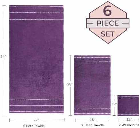Lavish Home 6 Piece Bathroom Towels Set - 525GSM 100% Cotton Bathroom Essentials - 2 Bath Sheets, 2 Hand Towels, and 2 Wash Cloths for Bath, Shower, Gym, Spa, and Dorm Room (Eggplant)