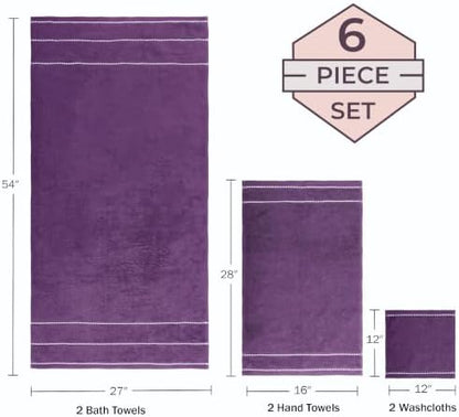 Lavish Home 6 Piece Bathroom Towels Set - 525GSM 100% Cotton Bathroom Essentials - 2 Bath Sheets, 2 Hand Towels, and 2 Wash Cloths for Bath, Shower, Gym, Spa, and Dorm Room (Eggplant)