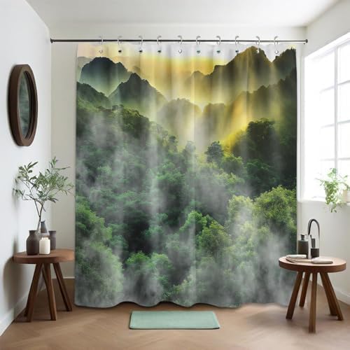 Misty Forest Shower Curtain Mountain Nature Scenic Green Bathroom Decor, Waterproof Cloth Fabric with Hooks 70" W x 72" L