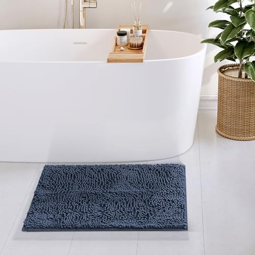 Hearth & Harbor Bathroom Rugs, Chenille Bath Mat - Machine Washable Bath Mats for Bathroom Non-Slip Backing Rubber, Quick Dry Mat - 17x24 - Blue