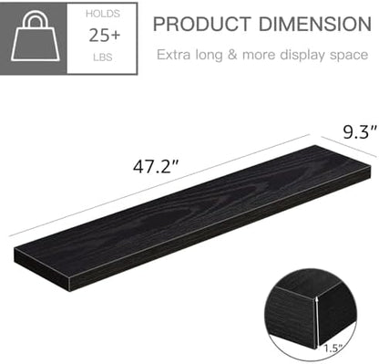 QEEIG Floating Shelves for Wall 47.2" Extra Long - Wall Mounted Shelf Bathroom Kitchen Living Room Bedroom Farmhouse Home Decor Display Bookshelf Large 47.2 x 9.3 inch Set of 2, Black (008-120B)