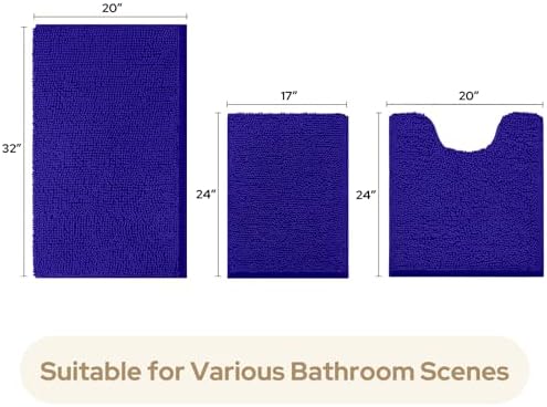 HOMEIDEAS Royal Blue Chenille Bathroom Rugs Set of 3, Non Slip Bath Mat