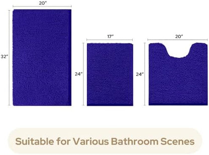 HOMEIDEAS Royal Blue Chenille Bathroom Rugs Set of 3, Non Slip Bath Mat