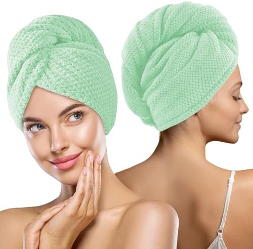 MaopaoBeauty 2 Pack Microfiber Hair Towel Wrap for Women, Super Absorbent Quick Dry Hair Turban for All Hair Style, Large Hair Drying Towel with Button, Green