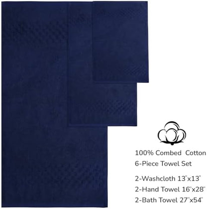 Feather & Stitch 100% Cotton 625 GSM Bath Towel Set of 6, Ultra Soft Highly Absorbent 2 Bath Towels, 2 Hand Towels & 2 Washcloth - Luxury Quick Dry Shower Towels (Navy Blue)