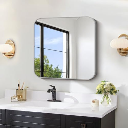 FORBATH Bathroom Mirror for Over Sink 24x24 Inch Silver, Square Wall Mirror with Metal Frame, Rounded Corners for Bathroom, Bedroom, Entryway Decor (Horizontal or Vertical)