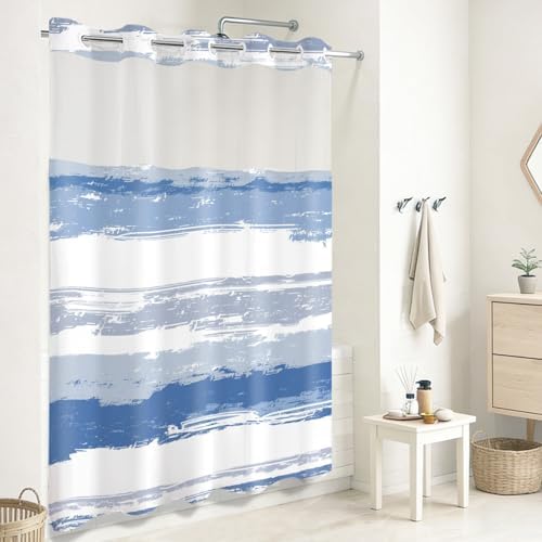 No Hook Shower Curtain with Liner, Navy Blue Stripe, 71x84 Inch