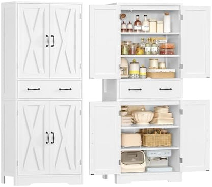 WEENFON Tall Storage Cabinet with 2 Adjustable Shelves & 1 Large Drawer, Kitchen Pantry Cabinet with 4 Doors, Bathroom Storage Cabinets, for Living Room, Kitchen, Bathroom, White
