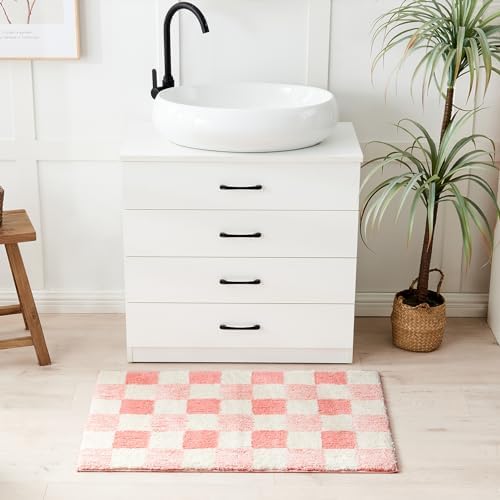 CozeCube Blossom Pink Checkered Bath Mat 47"x24" Non Slip Washable Rug