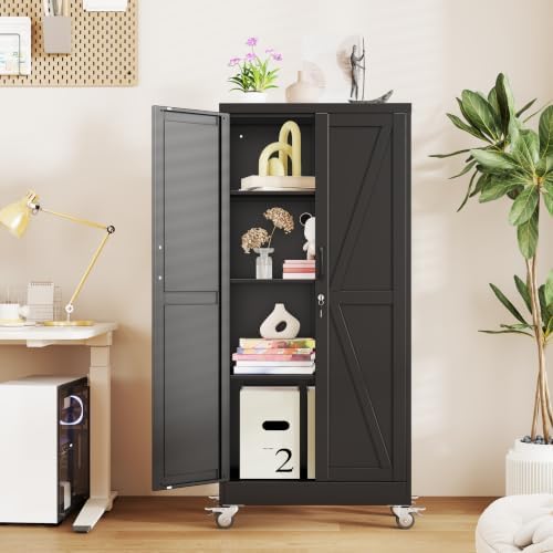 61" Metal Garage Storage Locker Cabinet with Wheels,Rolling Black Farmhouse Kitchen Pantry Cabinet with 2 Doors and 3 Adjustable Shelves, Steel File Tool Cabinet for Home Office Warehouse