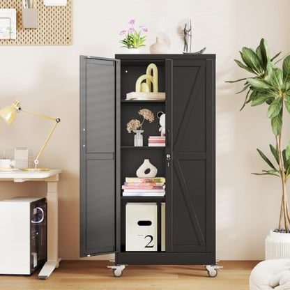 61" Metal Garage Storage Locker Cabinet with Wheels,Rolling Black Farmhouse Kitchen Pantry Cabinet with 2 Doors and 3 Adjustable Shelves, Steel File Tool Cabinet for Home Office Warehouse