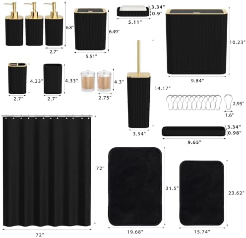 Bathroom Accessory Set - Bathroom Set, 27PC Bathroom Accessories Set, Black Bathroom Sets with Shower Curtain and Rugs, Mini Trash Can, Toilet Brush, Trash Can & Soap Dispenser