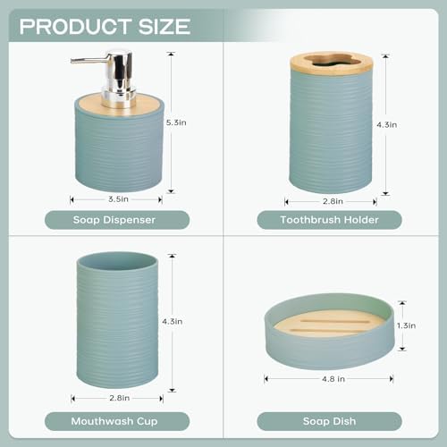 RRM 4 Piece Bamboo Bathroom Accessories Set, Boho Bathroom Decor, Aqua