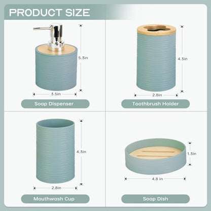 RRM 4 Piece Bamboo Bathroom Accessories Set, Boho Bathroom Decor, Aqua