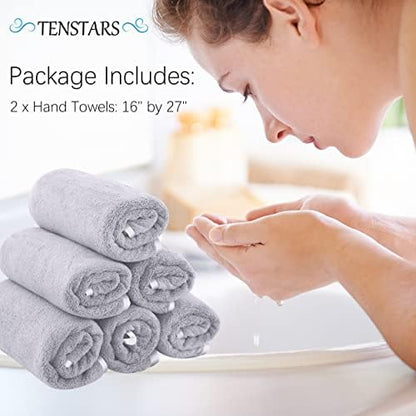 TENSTARS Silk Hemming Hand Towels for Bathroom - Quick Drying - Ultra Soft Microfiber Absorbent Towel for Bath Fitness, Gym, Shower, Hotel, and Spa - 16x28 Inch | Set of 6, Light Grey