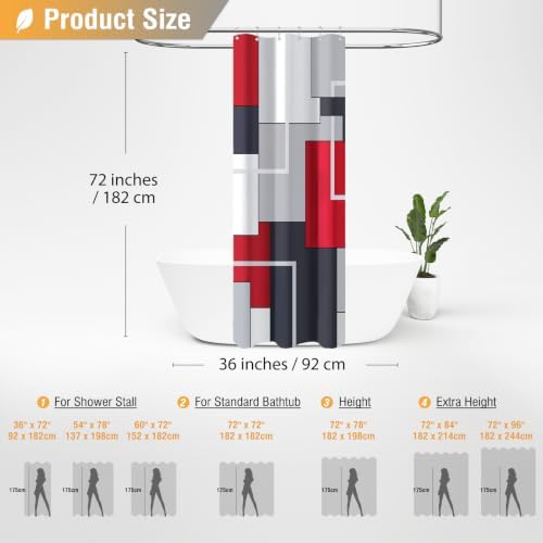 BTTN 36x72 Half Modern Geometric Waterproof Fabric Shower Curtain Set, Red