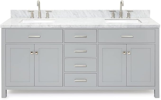 ARIEL Bristol 73" Grey Double Vanity, 1.5" Edge Italian Carrara Marble Countertop & Splash, Rectangular Sinks, 2 Soft Closing Doors, 4 Full Extension Dovetail Drawers, Polished Chrome