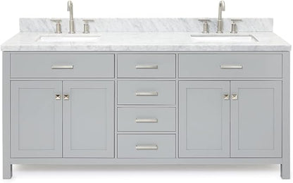 ARIEL Bristol 73" Grey Double Vanity, 1.5" Edge Italian Carrara Marble Countertop & Splash, Rectangular Sinks, 2 Soft Closing Doors, 4 Full Extension Dovetail Drawers, Polished Chrome