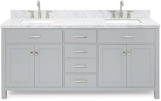 ARIEL Bristol 73" Grey Double Vanity, 1.5" Edge Italian Carrara Marble Countertop & Splash, Rectangular Sinks, 2 Soft Closing Doors, 4 Full Extension Dovetail Drawers, Polished Chrome