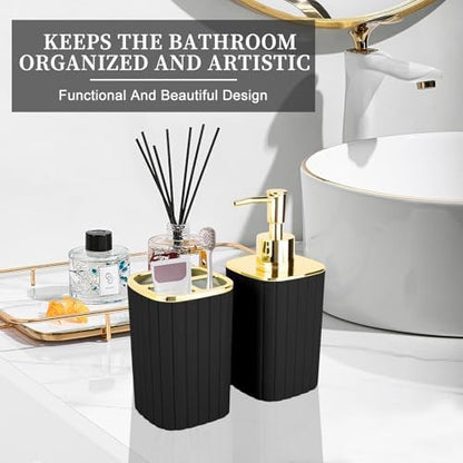 Black and Gold Bathroom Accessories, Soap Dispenser and Toothbrush Holder