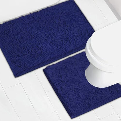 Bathroom Rugs Chenille Bath mat 2 Piece Set, Super Absorbent, Strong PVC Non Slip Backing, Bath mats for Bathroom, Plush Shaggy, Thick, Machine Washable, Bathtub, Toilet.(Navy Blue)